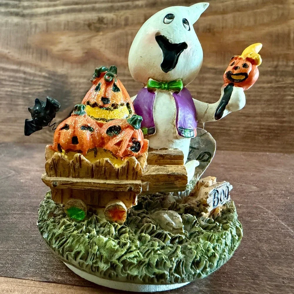 Halloween Ghost Figurine with Pumpkins and Bat Resin Decor Adorable Multi Color